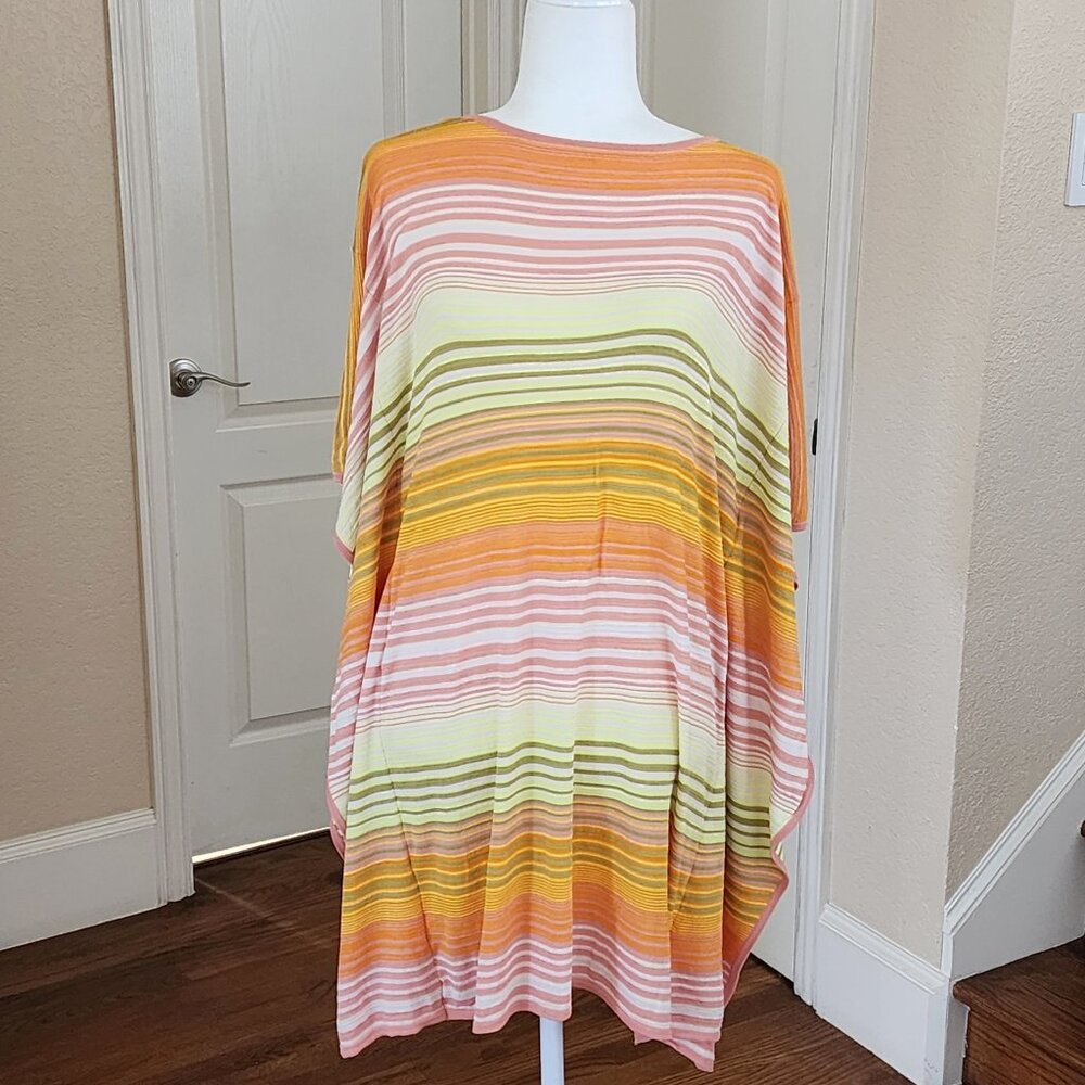 Trina Turk Striped Dress Caftan Tunic Coverup Orange Yellow Midi Pullover Size M